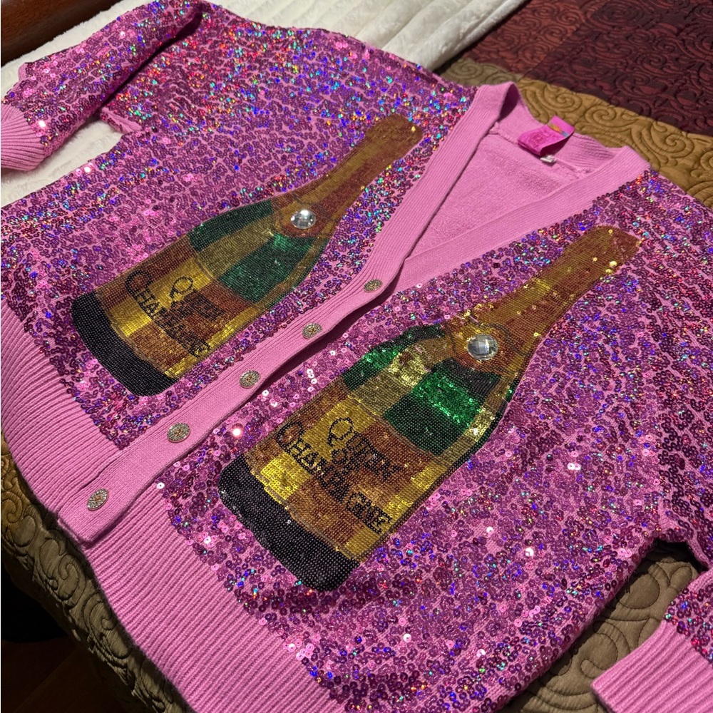 QUEEN OF SPARKLES Pink Sequin Champagne Cardigan - Picture 5 of 6
